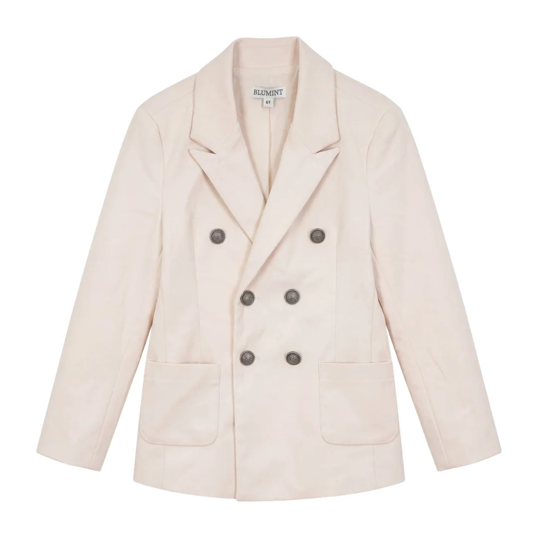 A front view of the Blumint cream velvet formal blazer for infants and toddlers.