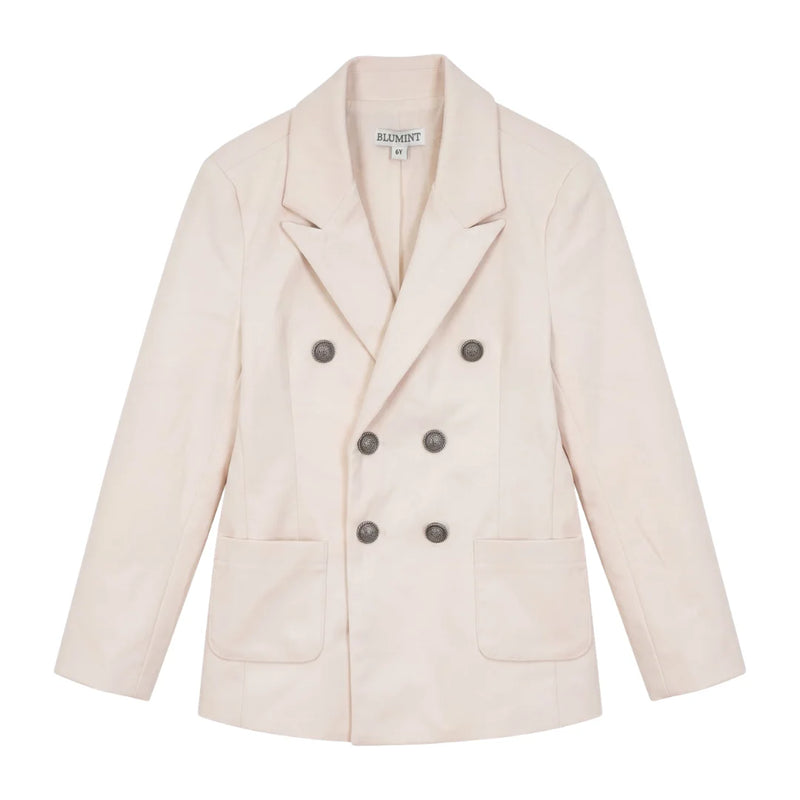 A front view of the Blumint cream velvet formal blazer for infants and toddlers.
