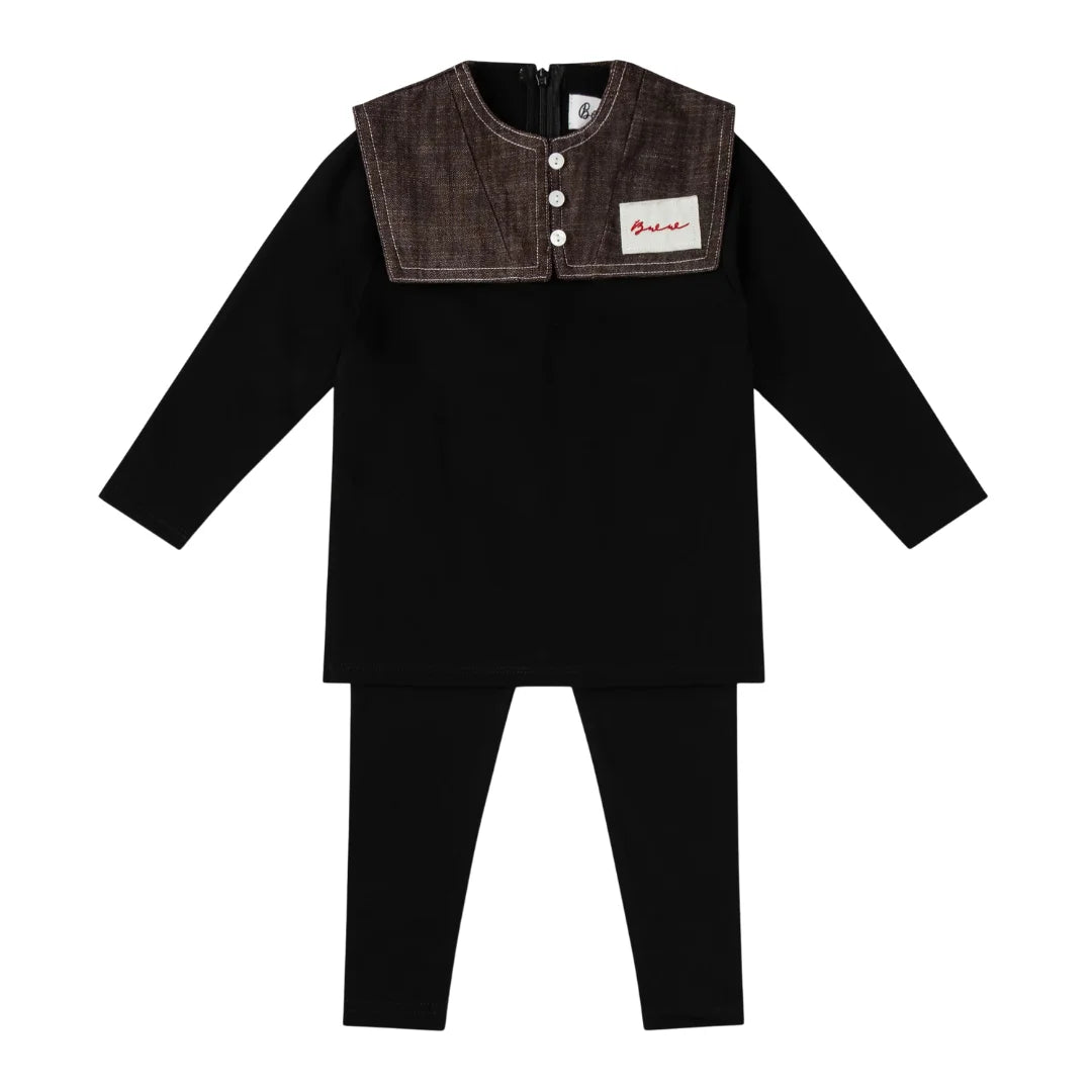 A front view of the Bonjour boys black 2-piece set with a brown collar.