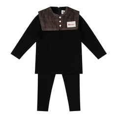 A front view of the Bonjour boys black 2-piece set with a brown collar.