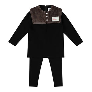 A front view of the Bonjour boys black 2-piece set with a brown collar.