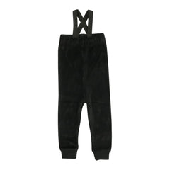 A front view of the Bopop black velour overalls for boys.