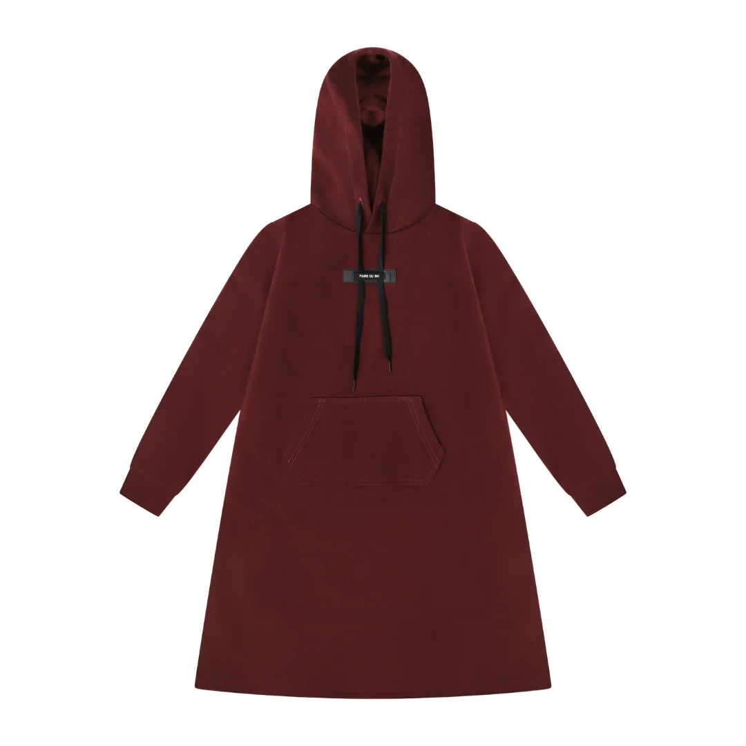 A front view of the Bopop burgundy red dress for children.