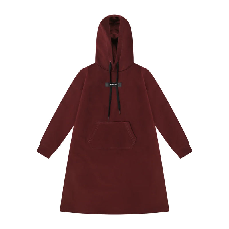 A front view of the Bopop burgundy red dress for children.