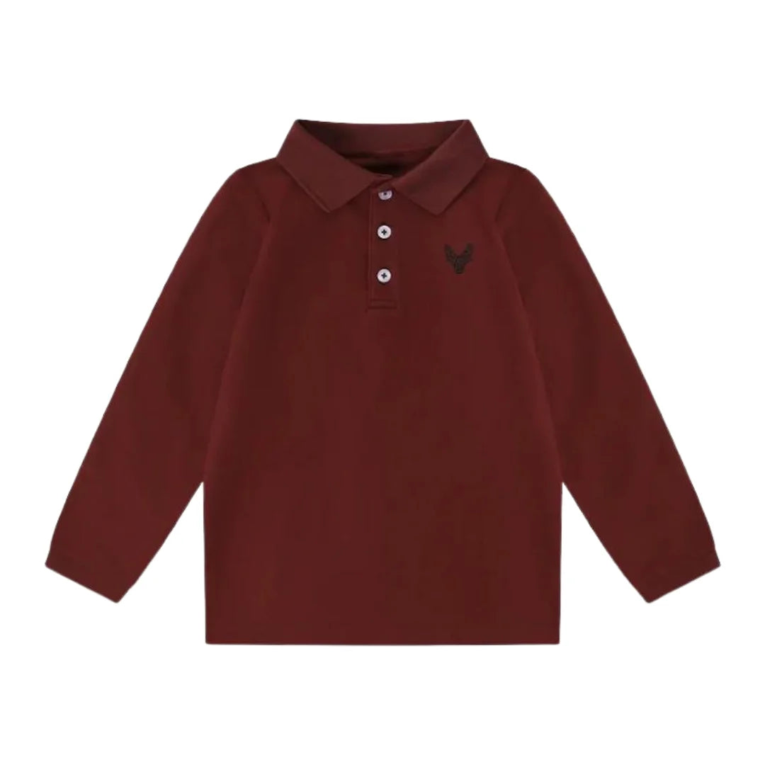 A front view of the Bopop burgundy cotton-blend polo shirt with embroidered emblem.