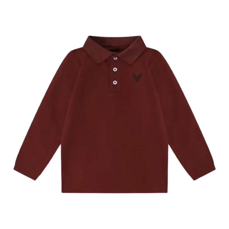 A front view of the Bopop burgundy cotton-blend polo shirt with embroidered emblem.