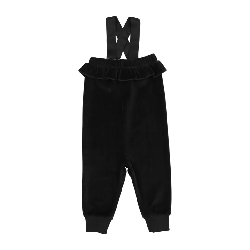 A front view of the Bopop black velour overalls for girls.