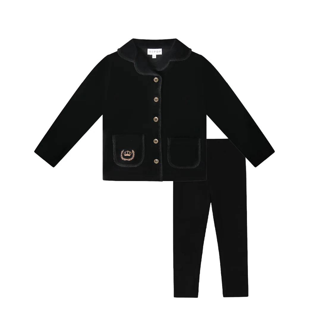 A front view of the black Bopop lounge set featuring gold crown embroidery on the top.