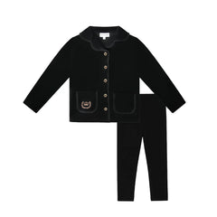 A front view of the black Bopop lounge set featuring gold crown embroidery on the top.