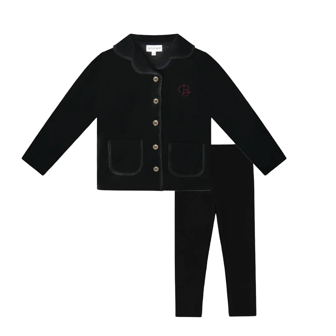 A front view of the black Bopop lounge set for boys featuring the Raspberry B embroidery.
