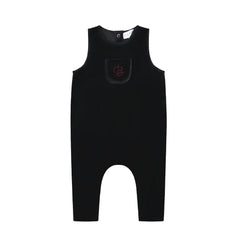 A front view of the black Bopop overalls featuring a cute Raspberry B embroidered design.