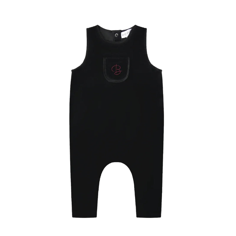 A front view of the black Bopop overalls featuring a cute Raspberry B embroidered design.