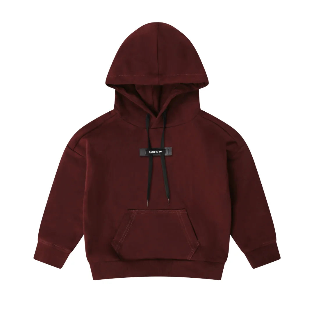 A front view of the Bopop burgundy red sweatshirt for children.