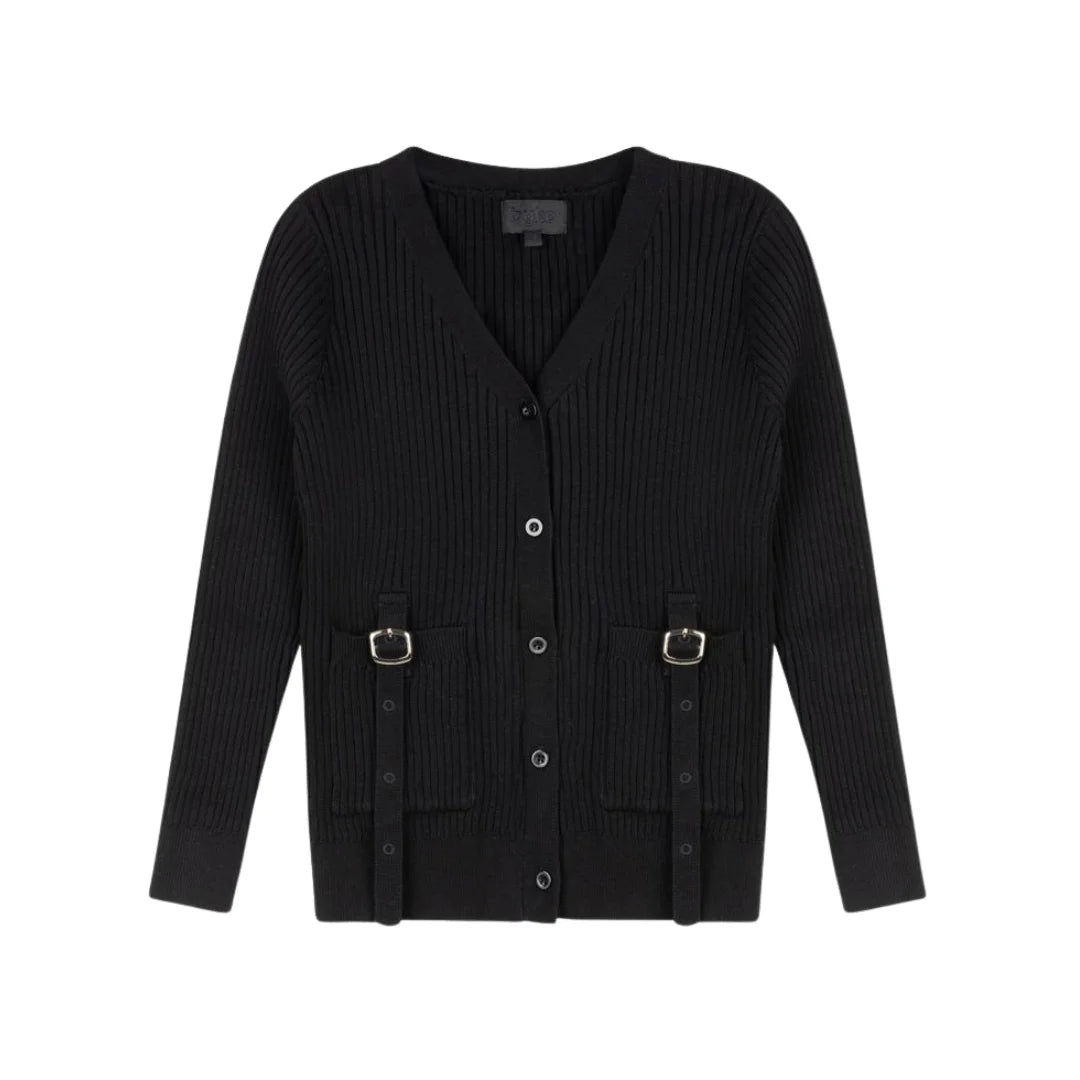 A front view of the Byke black buckle knit cardigan sweater.