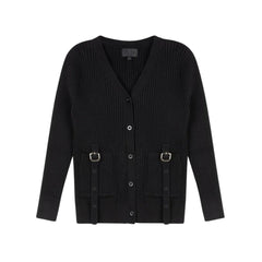 A front view of the Byke black buckle knit cardigan sweater.