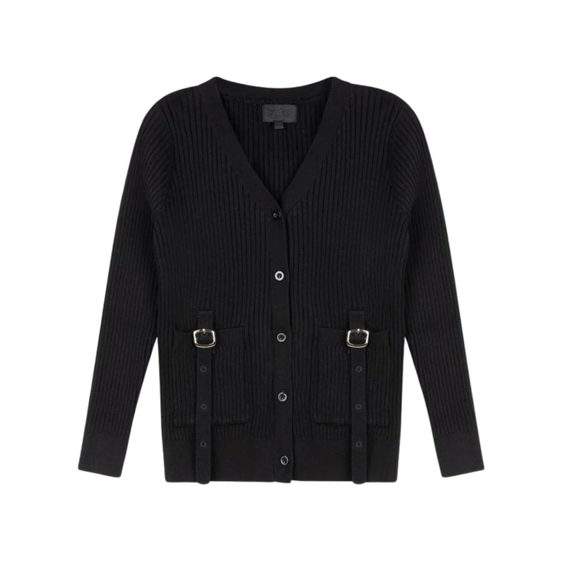 A front view of the Byke black buckle knit cardigan sweater.