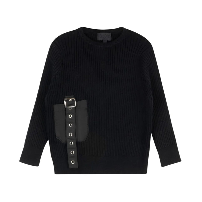 A front view of the Byke black buckle pocket knit crewneck sweater.