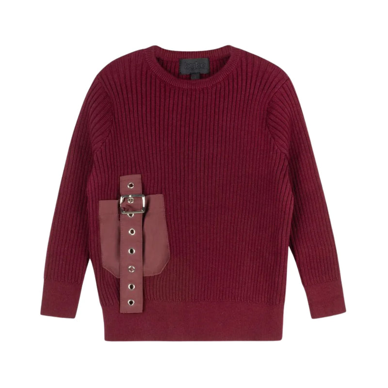 A front view of the Byke wine buckle pocket knit crewneck sweater.