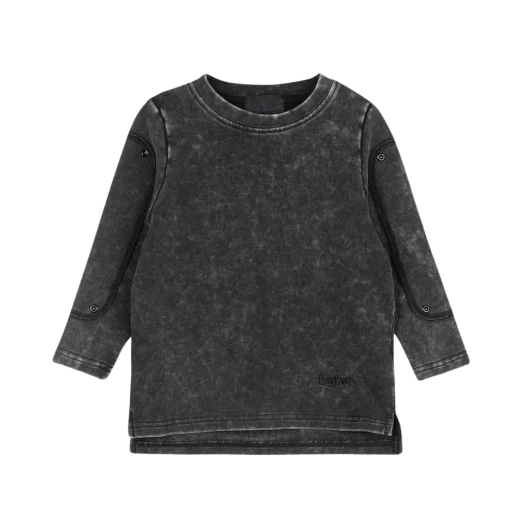 A front view of the Byke black wash denim patch crewneck sweatshirt.