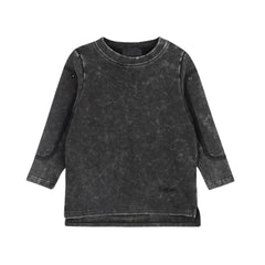 A front view of the Byke black wash denim patch crewneck sweatshirt.