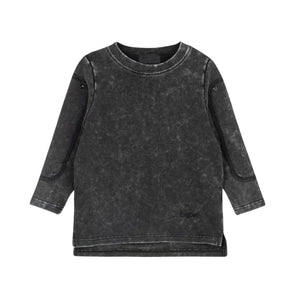 A front view of the Byke black wash denim patch crewneck sweatshirt.