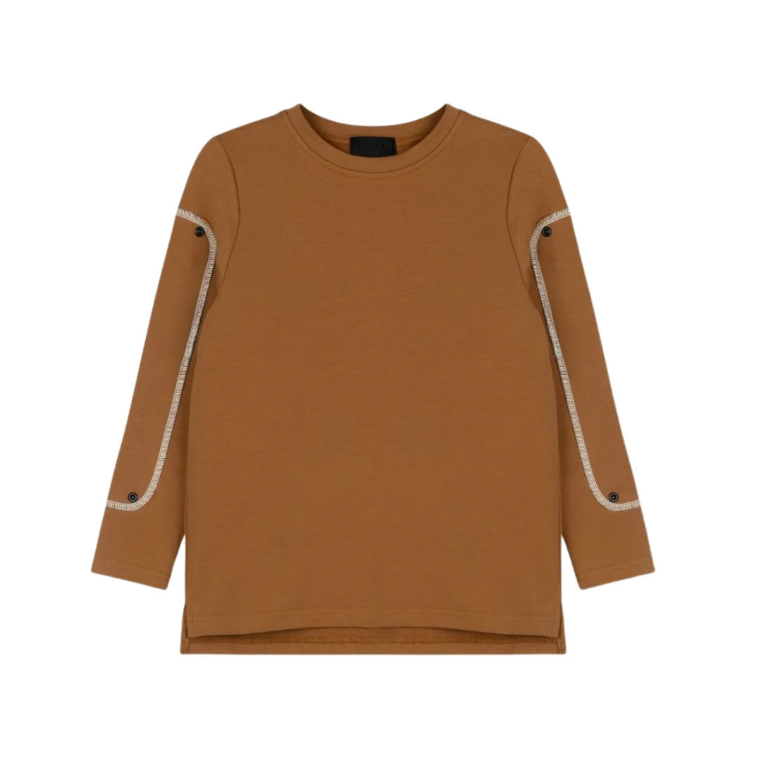 A front view of the Byke camel denim patch crewneck sweatshirt.