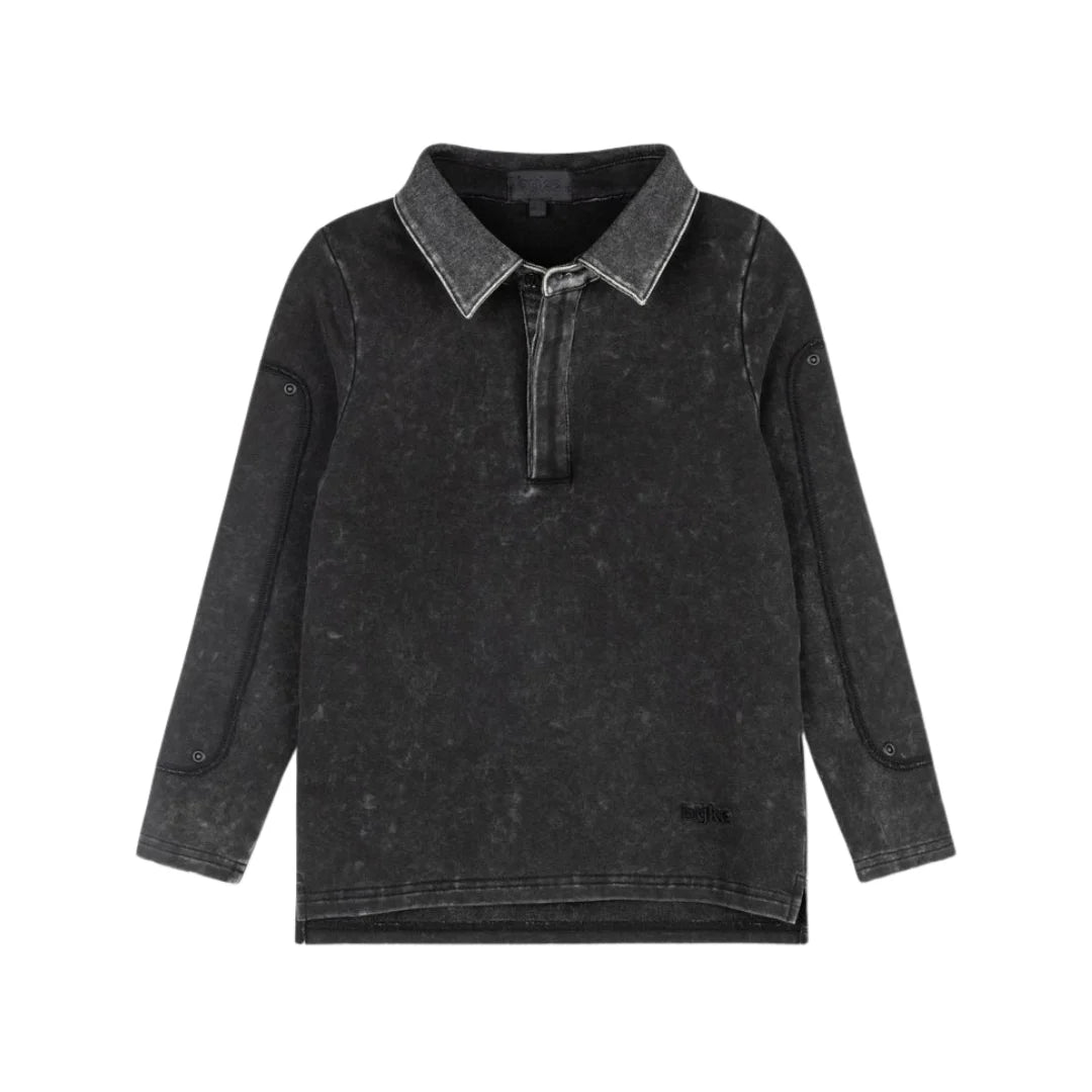 A front view of the Byke black wash denim patch polo shirt.