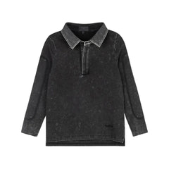 A front view of the Byke black wash denim patch polo shirt.