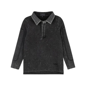 A front view of the Byke black wash denim patch polo shirt.