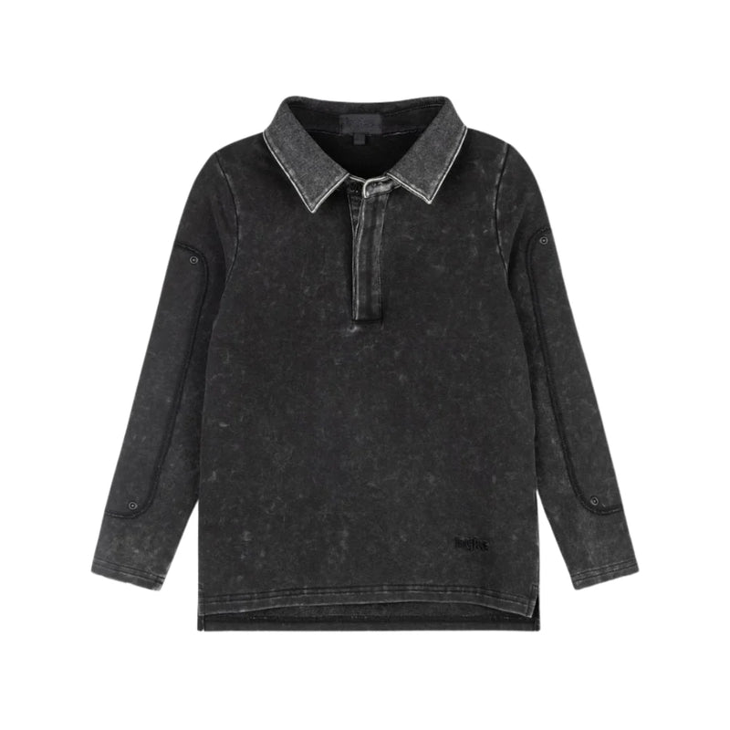 A front view of the Byke black wash denim patch polo shirt.
