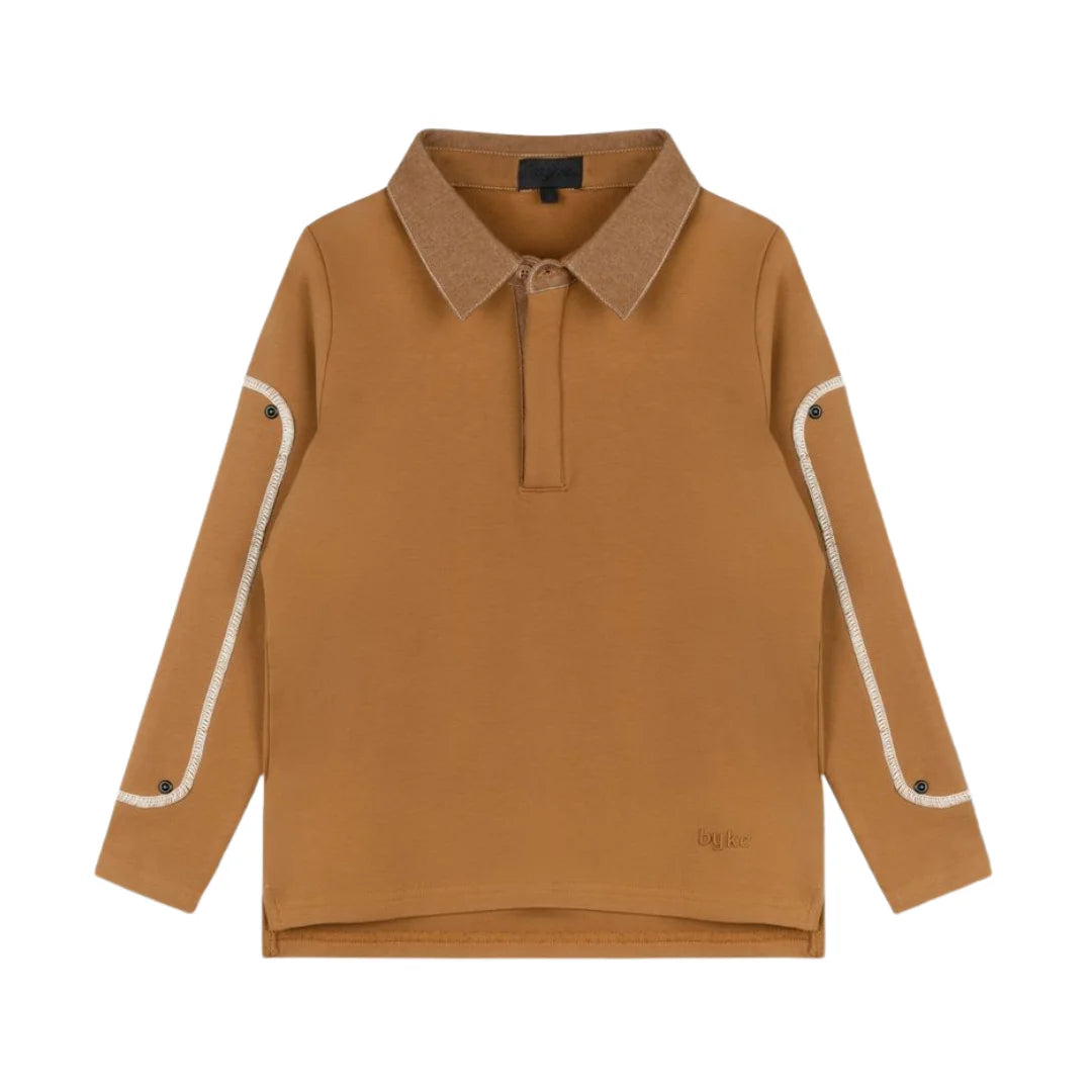 A front view of the Byke camel denim patch polo shirt.