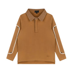 A front view of the Byke camel denim patch polo shirt.