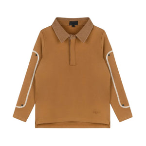 A front view of the Byke camel denim patch polo shirt.