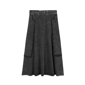 A front view of the Byke black wash patch knit midi skirt.