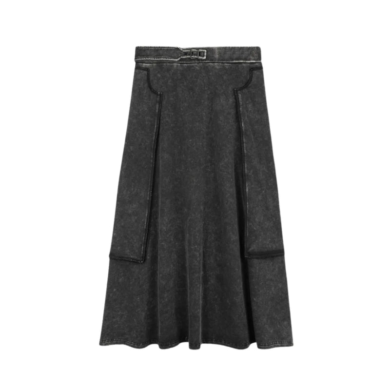 A front view of the Byke black wash patch knit midi skirt.