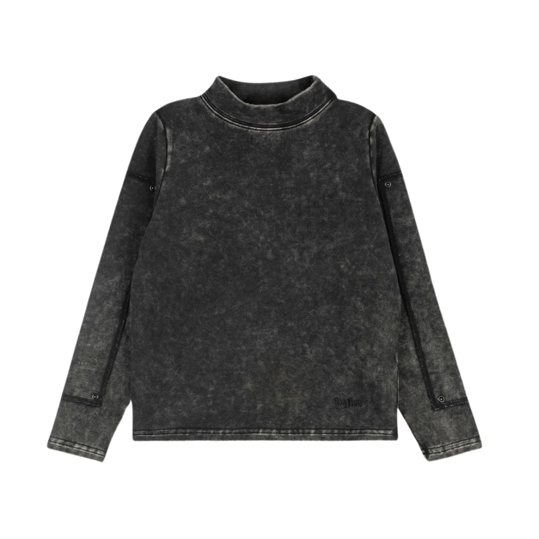 A front view of the Byke black wash patch mockneck sweater.