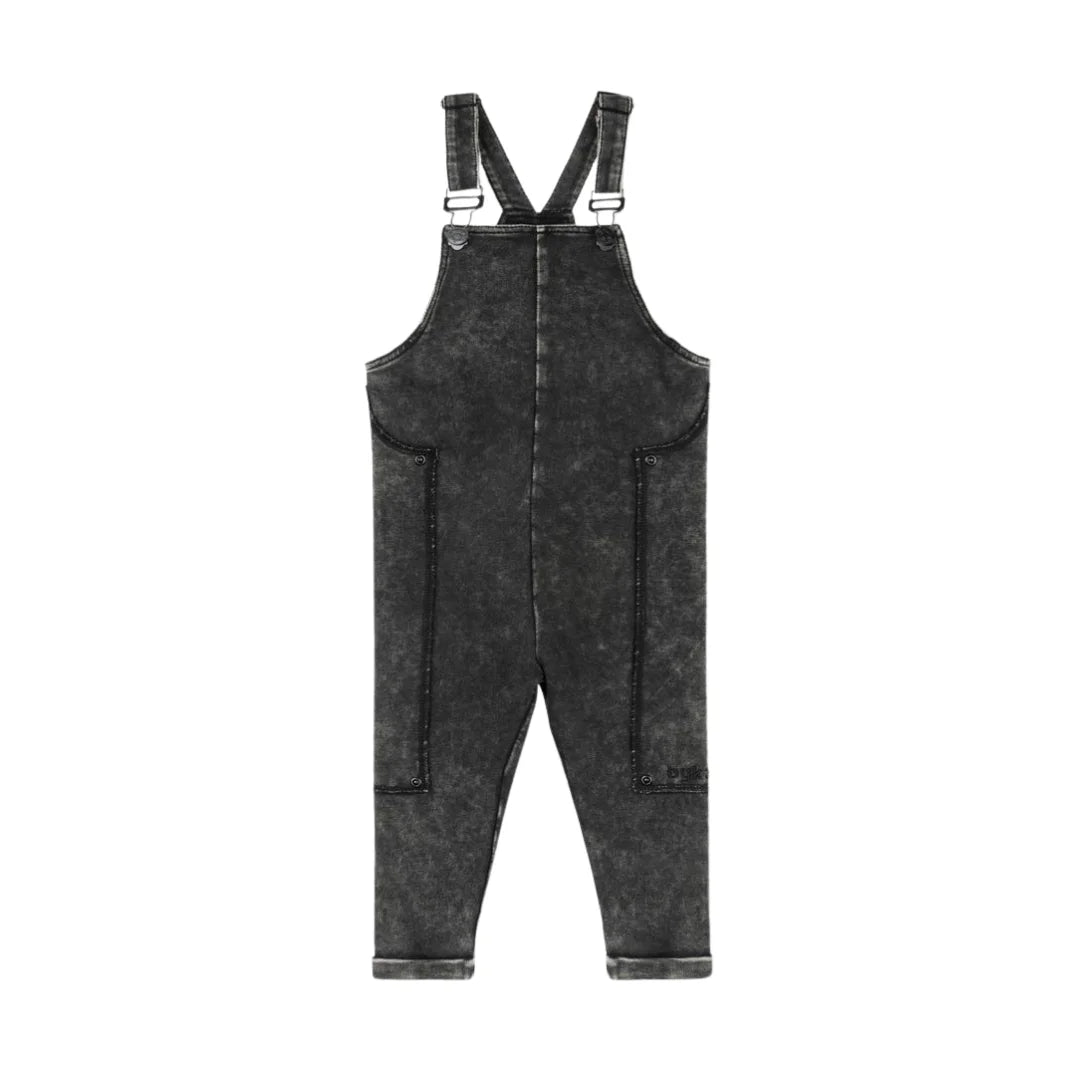 A front view of the Byke black wash patch knit baby romper.