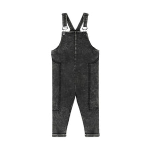 A front view of the Byke black wash patch knit baby romper.