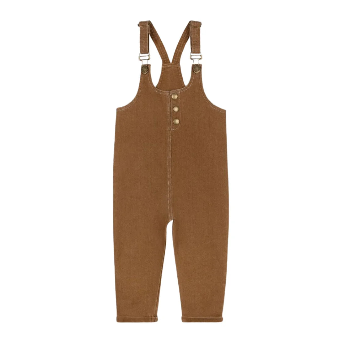 A front view of the Byke Wash camel denim snap baby romper.