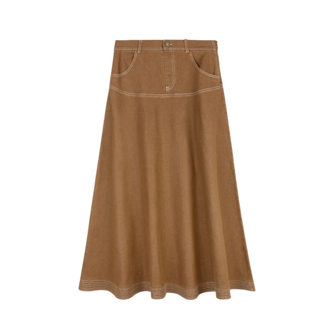 A front view of the Byke Wash camel midi denim yoke skirt.