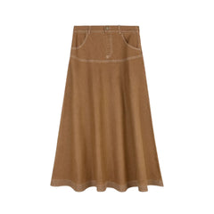 A front view of the Byke Wash camel midi denim yoke skirt.