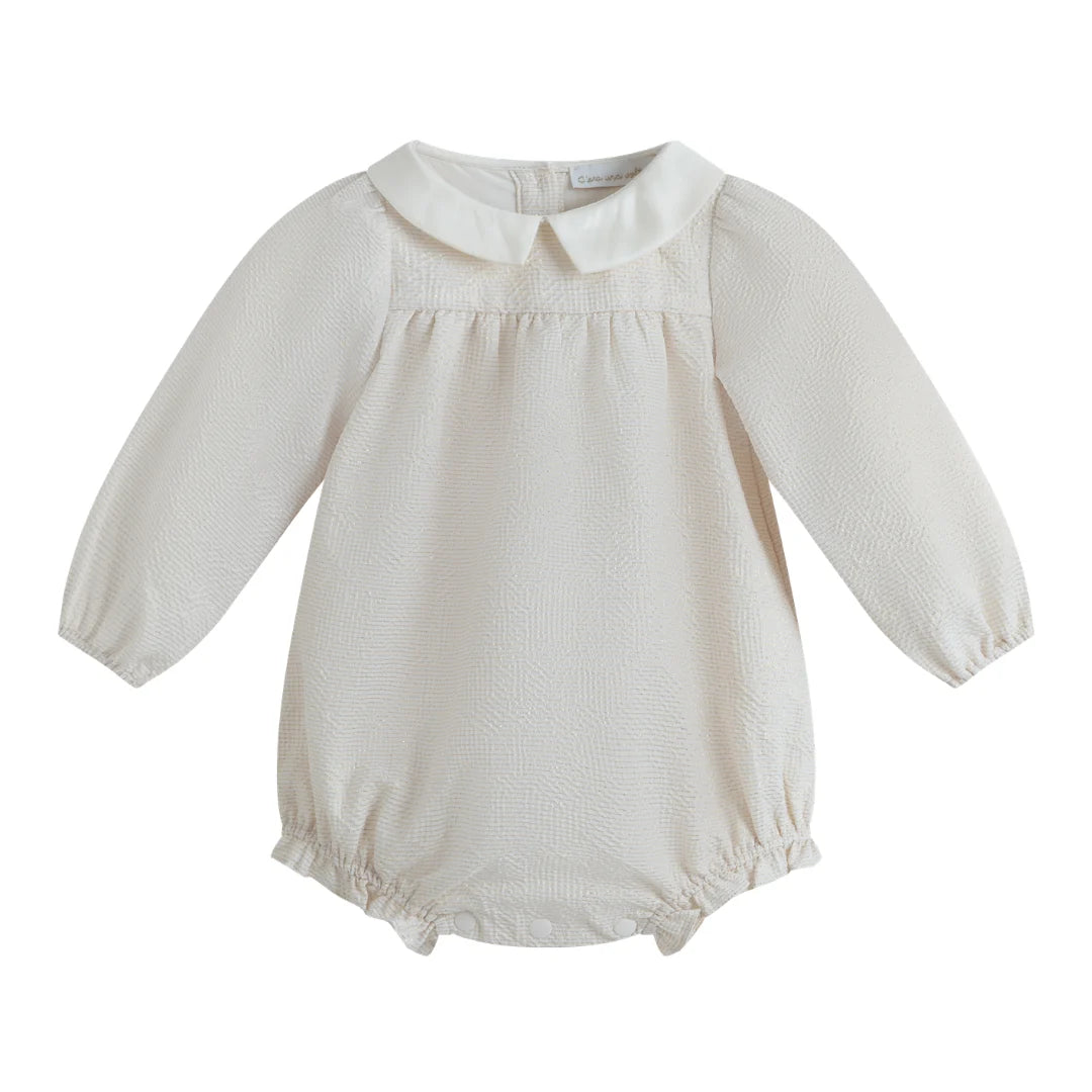 White baby romper with a collar on a white background