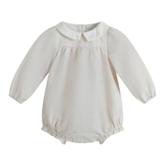 White baby romper with a collar on a white background