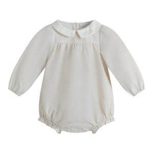 White baby romper with a collar on a white background