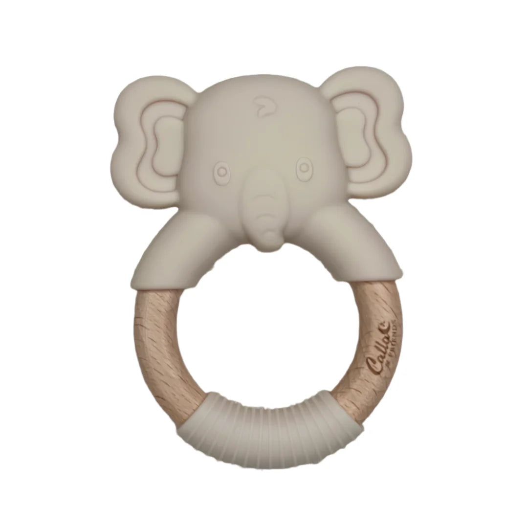A breathtaking Calla & Friends silicone teether shaped like a delicate elephant, featuring an immaculate linen color and ergonomic design.