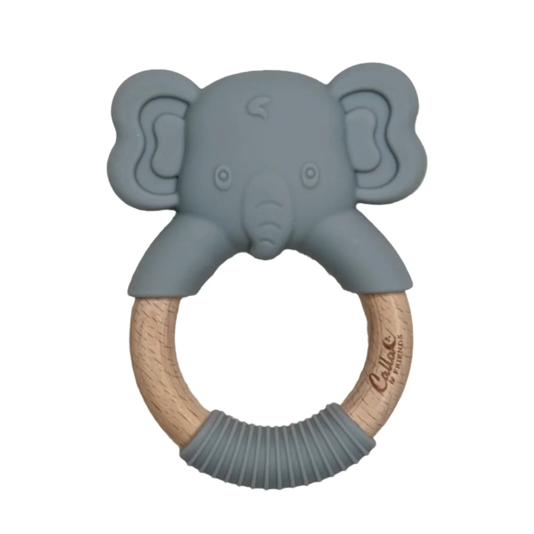 Gray elephant-shaped teething ring with wooden ring on a white background