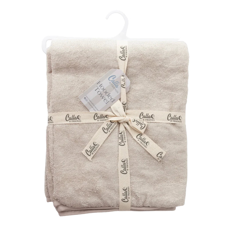 Folded beige towel with 'Calla' branding on a white background