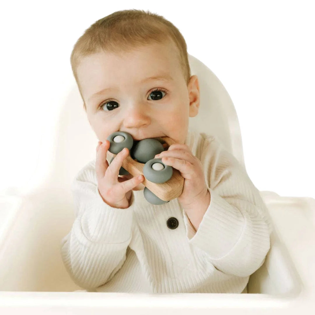 Baby holding a wooden teething toy with a white background