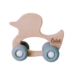 A breathtaking Calla & Friends rolling duck toy featuring an immaculate powder blue palette and smooth-gliding wheels for sensory play.