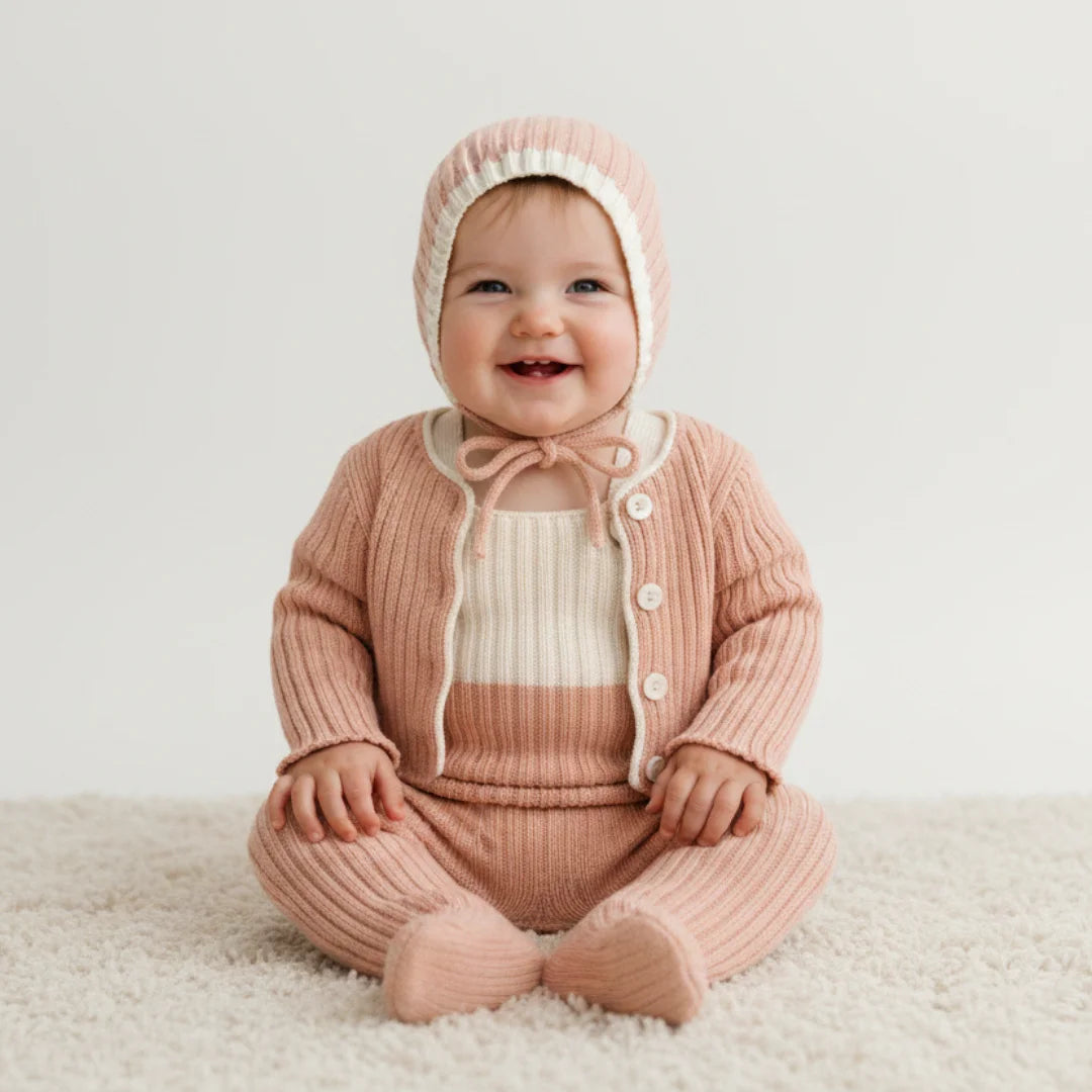 Baby wearing a pink knitted outfit with a matching bonnet on a white background
